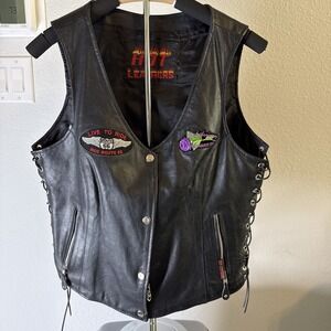 HOT LEATHERS Women's Black Leather Motorcycle Riding Vest Size L